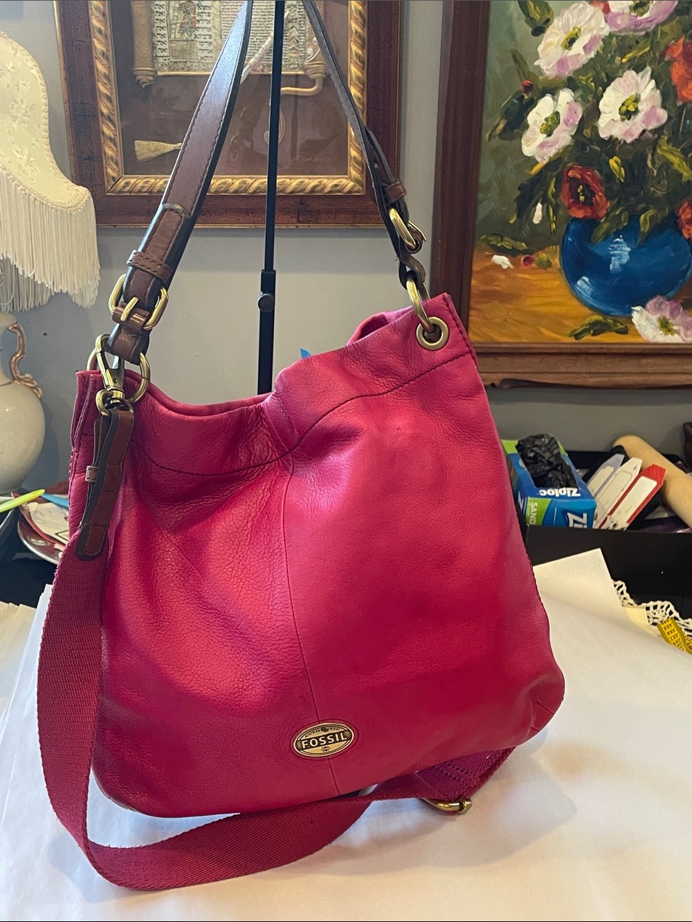 Fossil Fuchsia Leather Shoulder Hobo with Gold Hardware